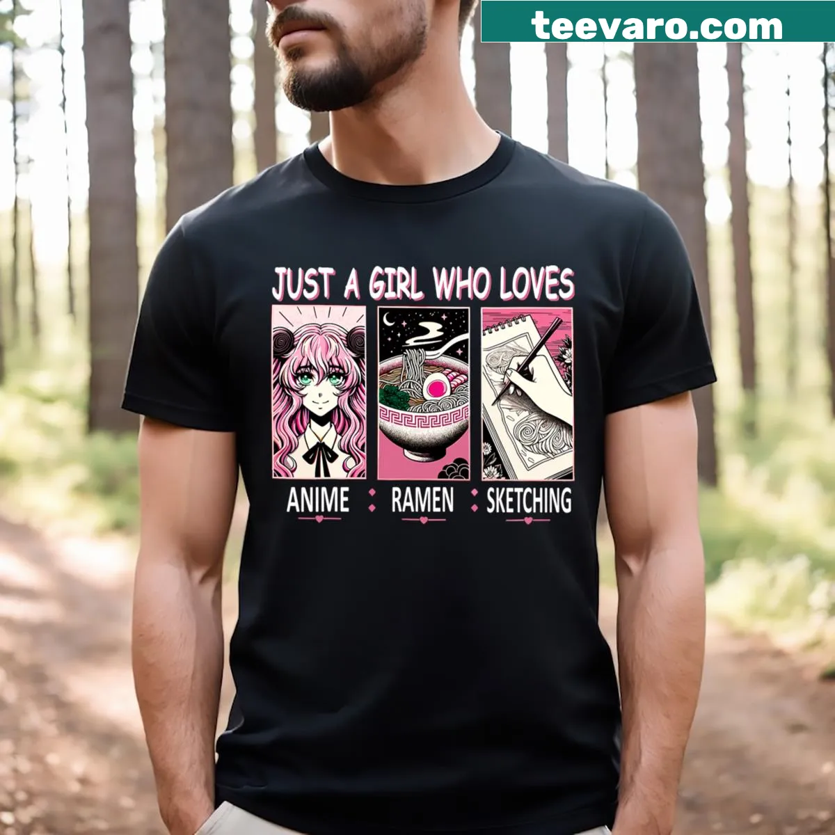 Illustration of ramen, anime, and sketching on T-shirt — on a men's t-shirt