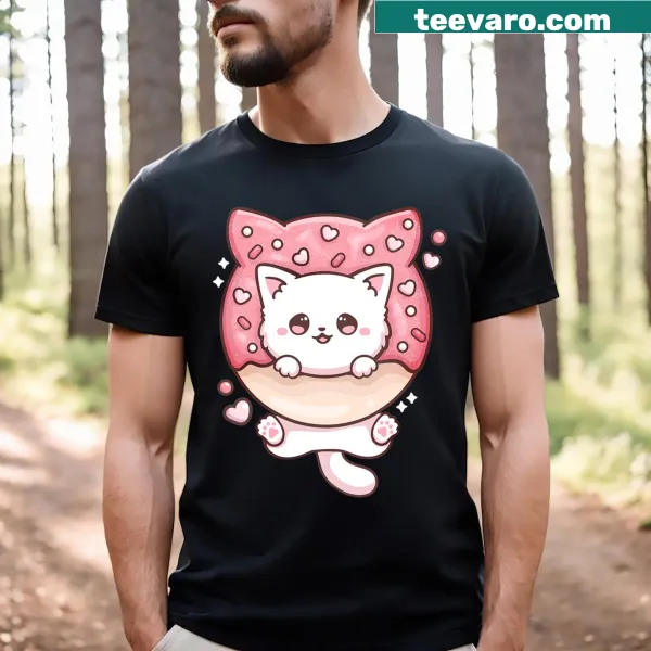 Kawaii cat design enjoying a donut on a T-shirt