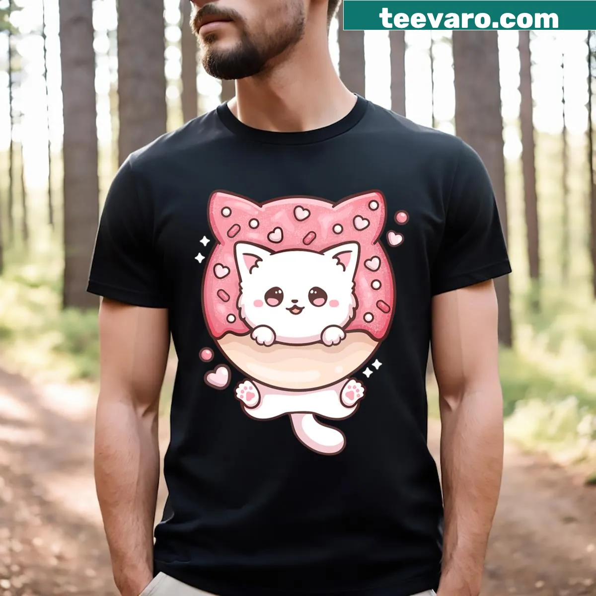 Kawaii cat design enjoying a donut on a T-shirt — on a men's t-shirt