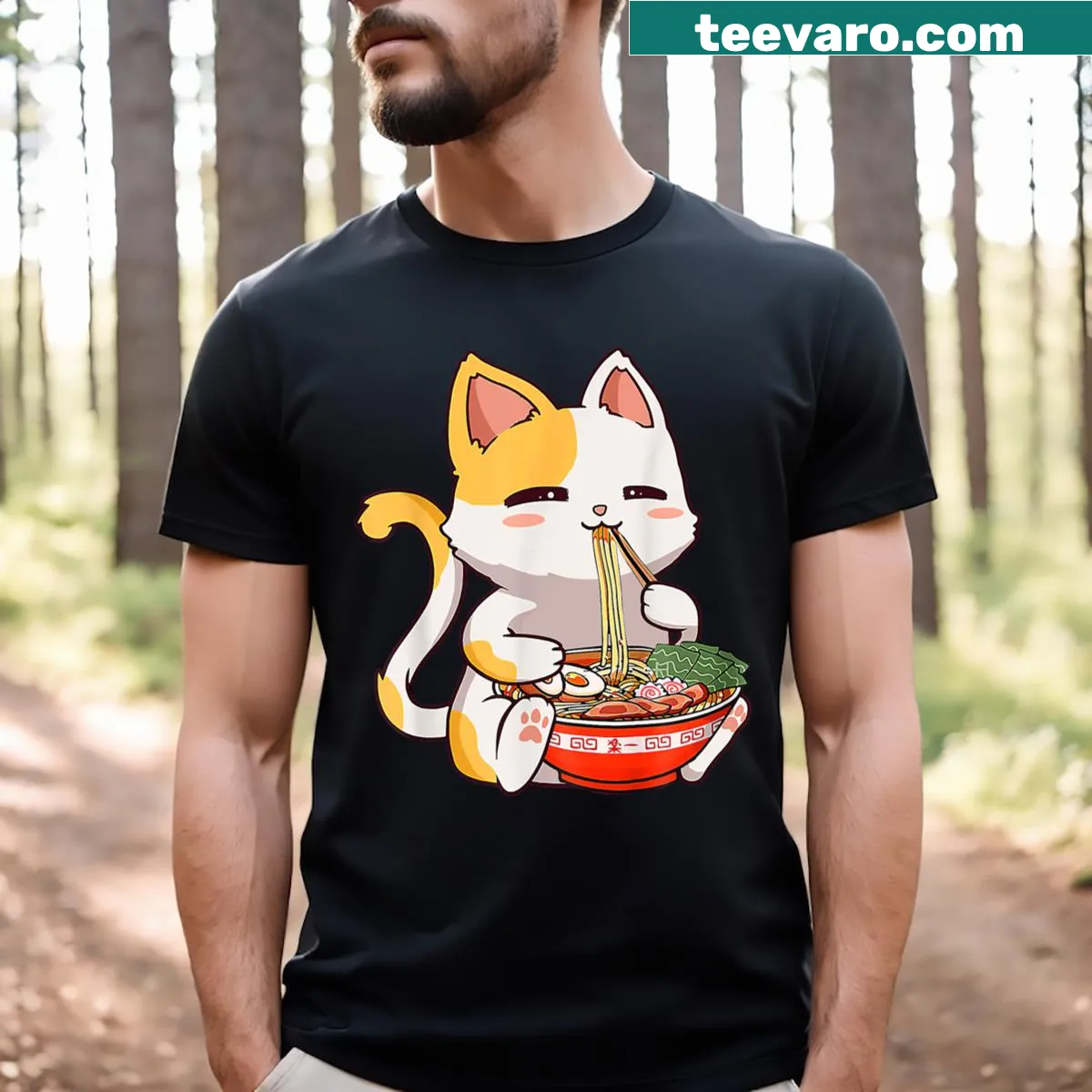 T-shirt featuring cute cats enjoying ramen noodles, fun design — on a men's t-shirt