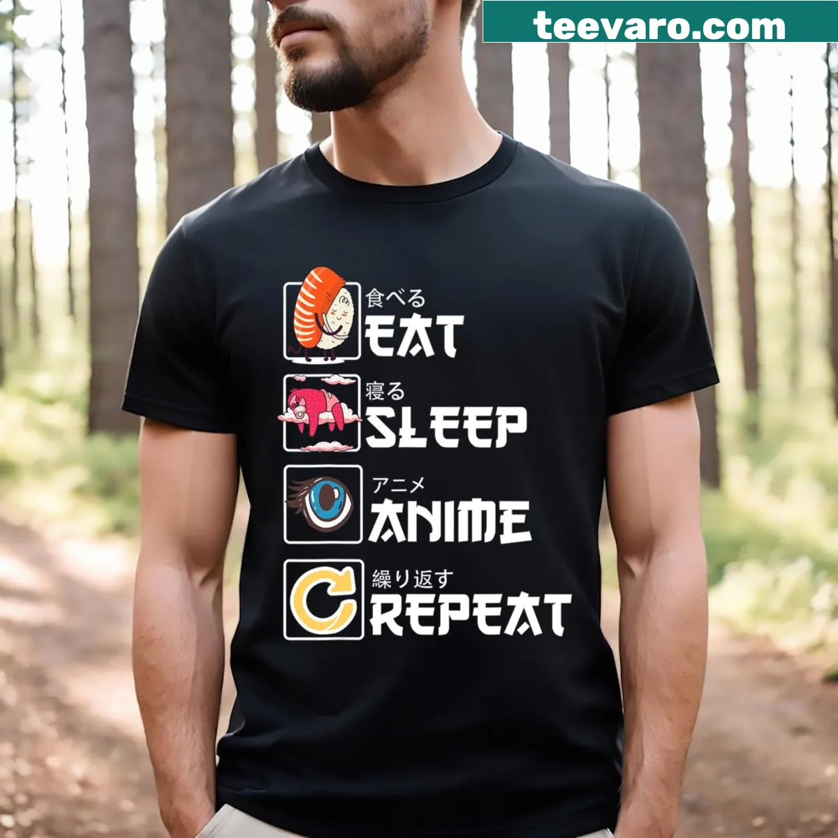Kawaii manga sushi graphic on T-shirt — on a men's t-shirt