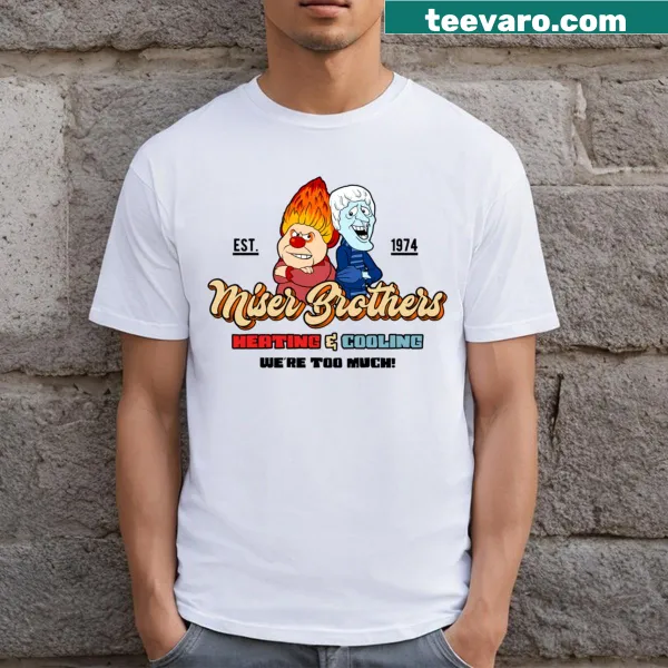 Illustration of the Miser Brothers on a heating and cooling themed t-shirt