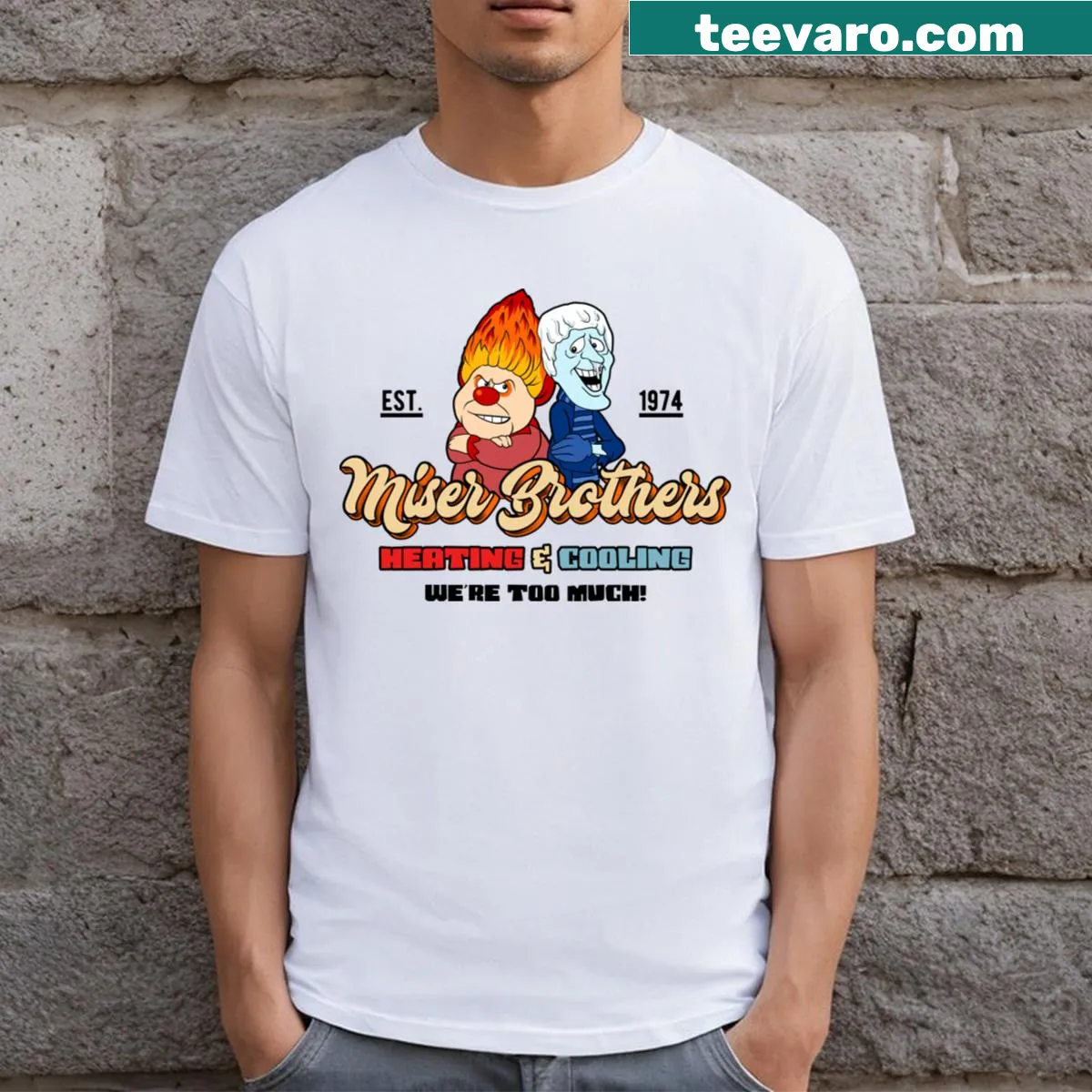 Illustration of the Miser Brothers on a heating and cooling themed t-shirt — on a men's t-shirt