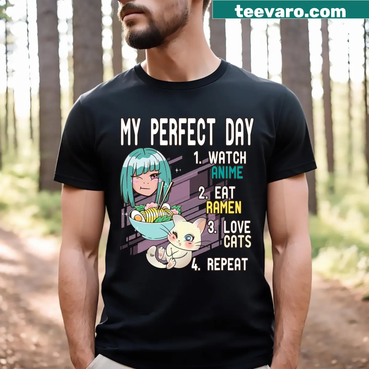 Illustrated t-shirt with ramen and cat graphics for anime fans — on a men's t-shirt