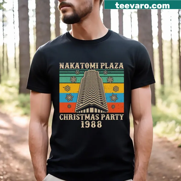 Vintage distressed design featuring Nakatomi Plaza Christmas theme on a t-shirt.