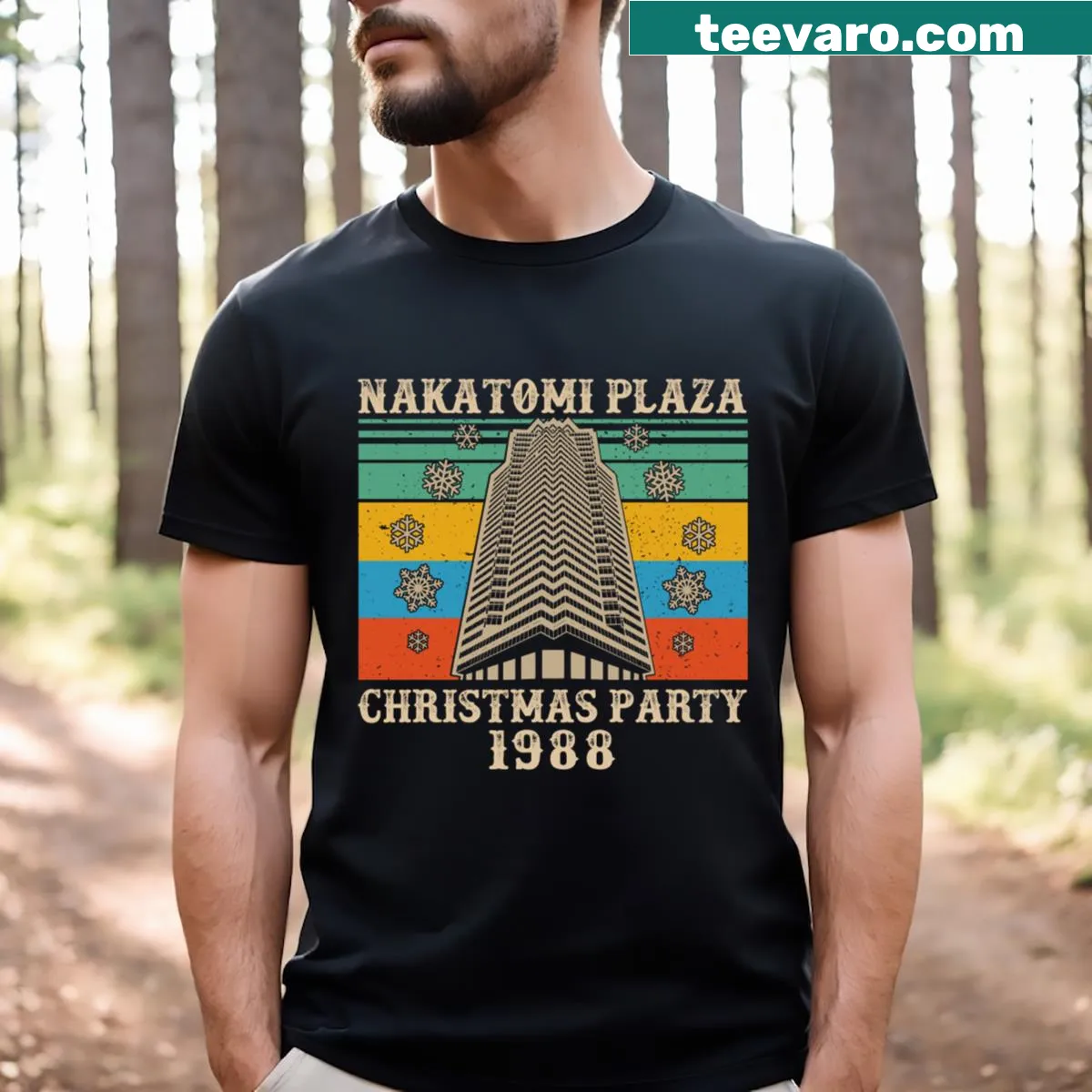 Vintage distressed design featuring Nakatomi Plaza Christmas theme on a t-shirt. — on a men's t-shirt