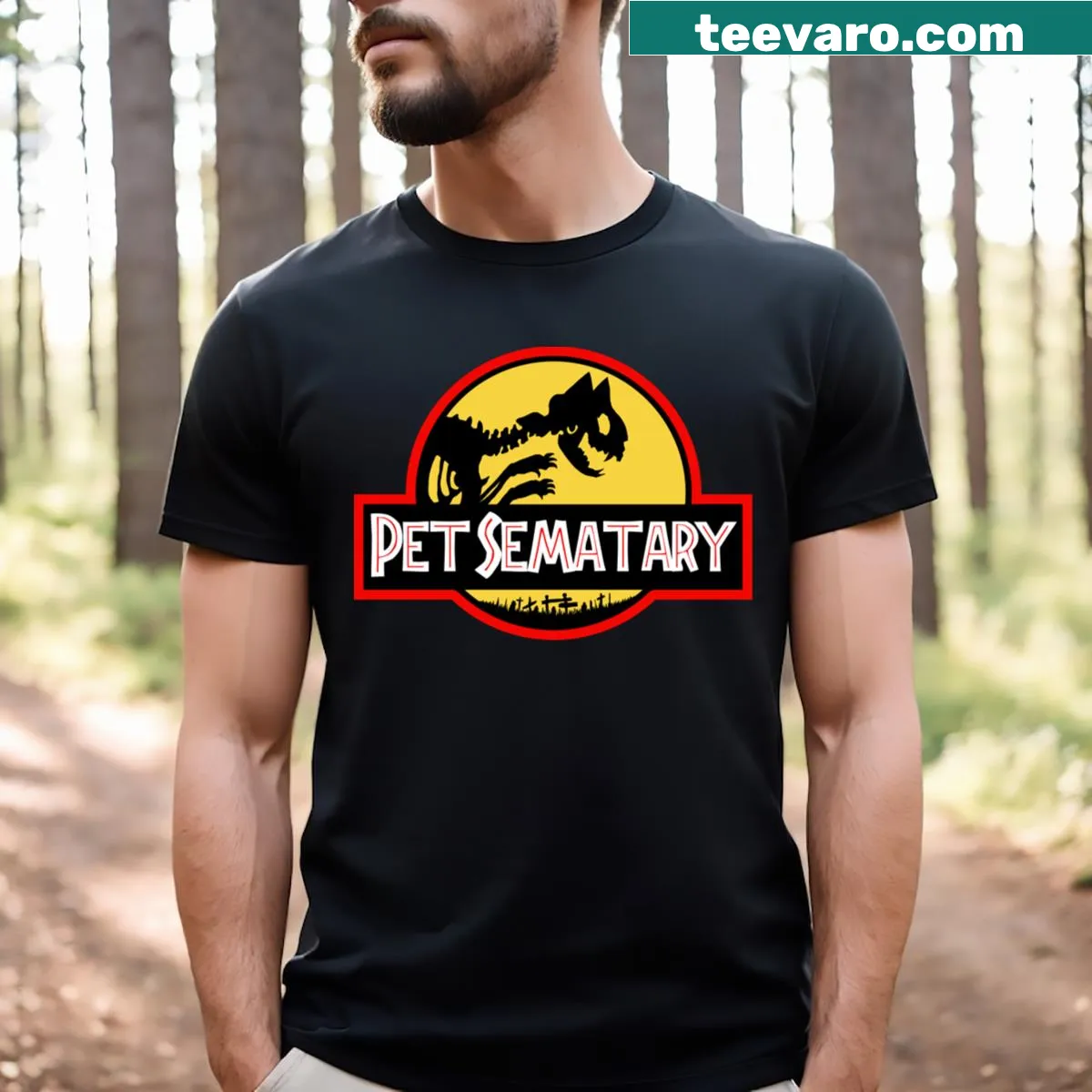 Parody T-shirt combining themes from Pet Sematary and Jurassic Park — on a men's t-shirt