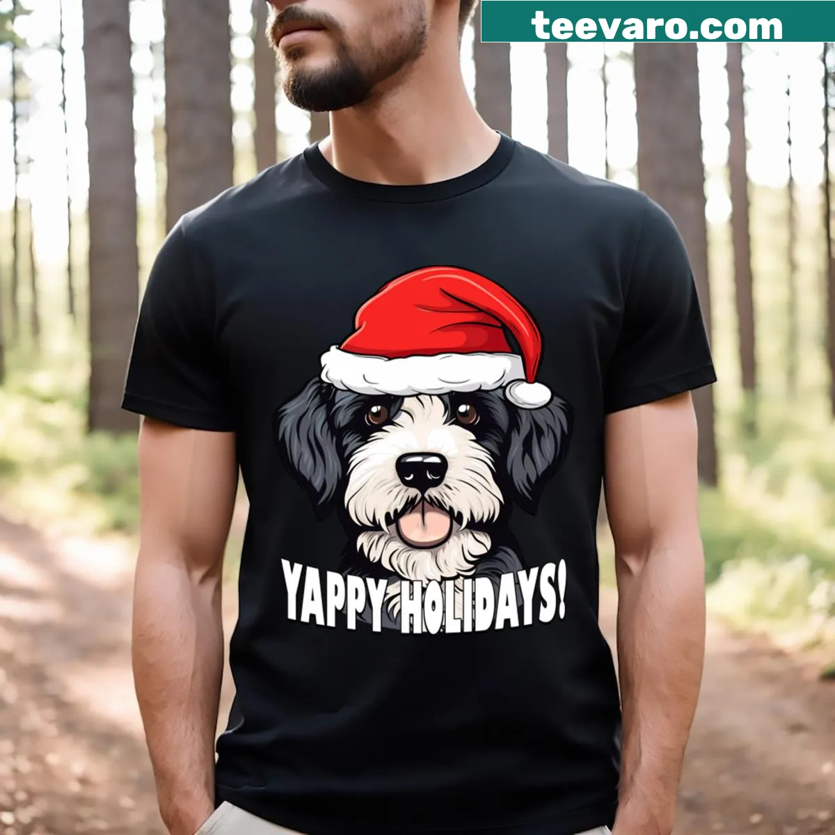 Festive tee featuring a Portuguese Water Dog in a Santa hat — on a men's t-shirt