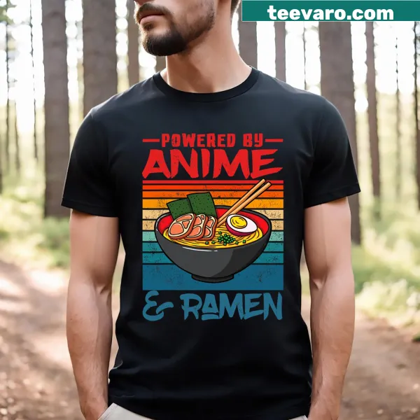 Anime and ramen themed t-shirt featuring playful typography.