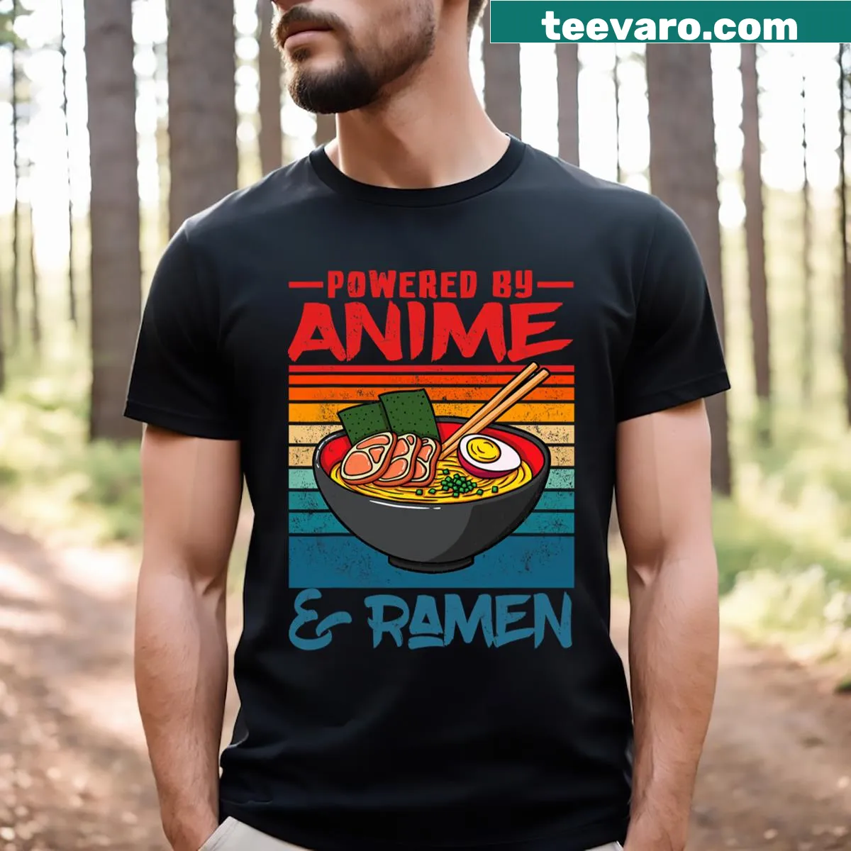 Anime and ramen themed t-shirt featuring playful typography. — on a men's t-shirt