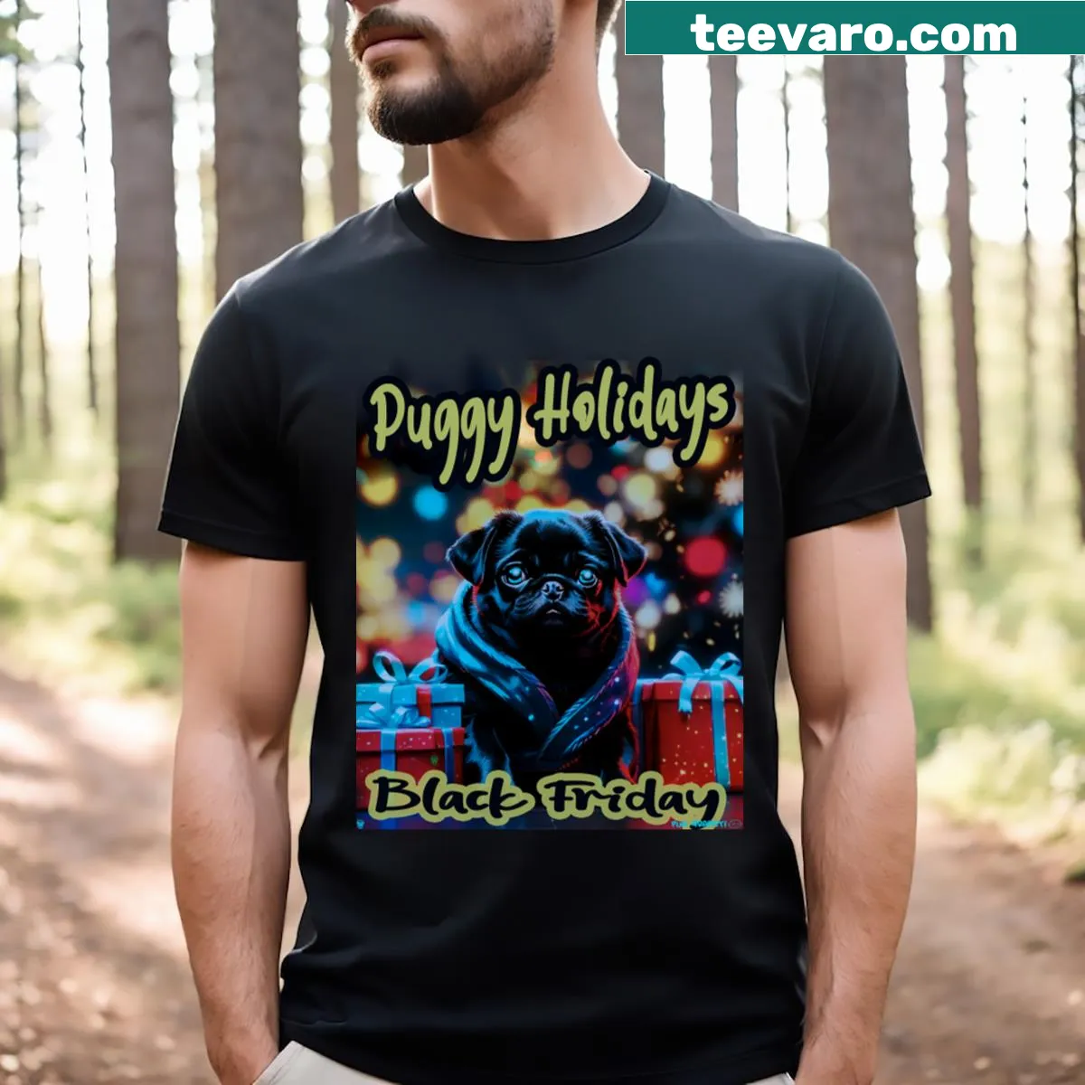 Cute holiday pug t-shirt with festive graphics — on a men's t-shirt
