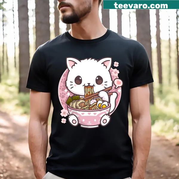 Kawaii ramen cat graphic tee for cat lovers