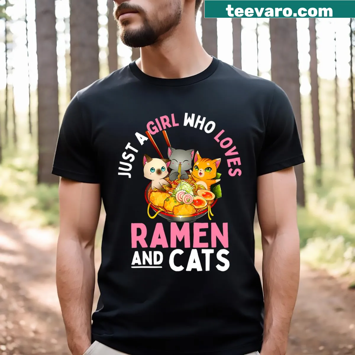 Cute cartoon cat with ramen design on a t-shirt for teens — on a men's t-shirt