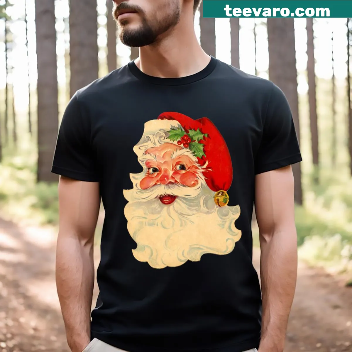 Cheerful Santa Claus graphic on a Christmas-themed T-shirt — on a men's t-shirt