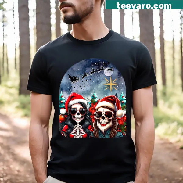 Skeleton couple in holiday attire illustrated on a Christmas t-shirt