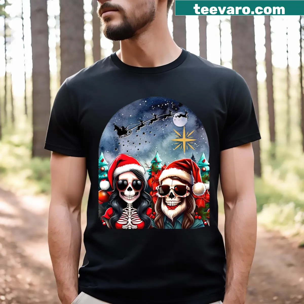 Skeleton couple in holiday attire illustrated on a Christmas t-shirt — on a men's t-shirt