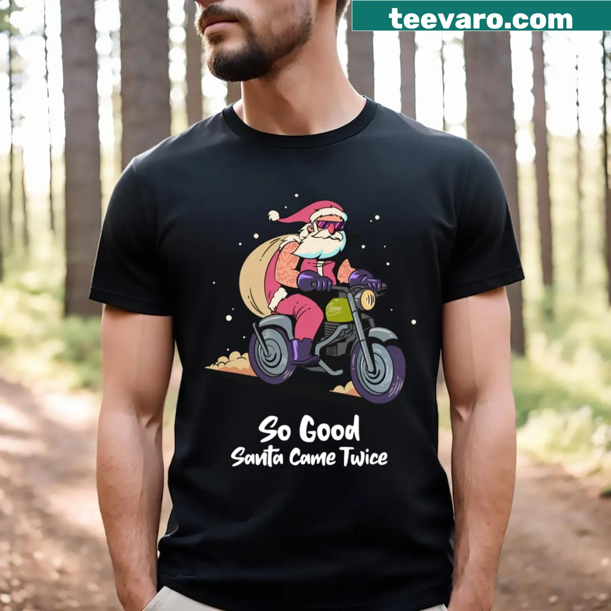 Funny Santa motorcycle graphic on T-shirt — on a men's t-shirt
