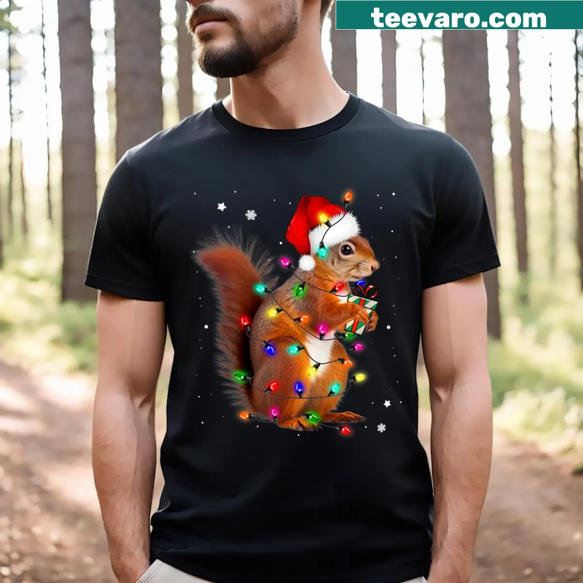 Christmas-themed t-shirt featuring cartoon squirrels in Santa hats — on a men's t-shirt