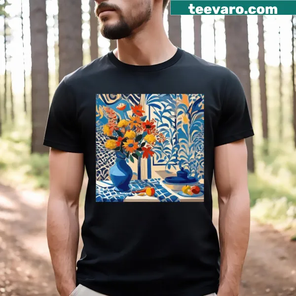 Digital painting of daisies in a blue vase on a T-shirt
