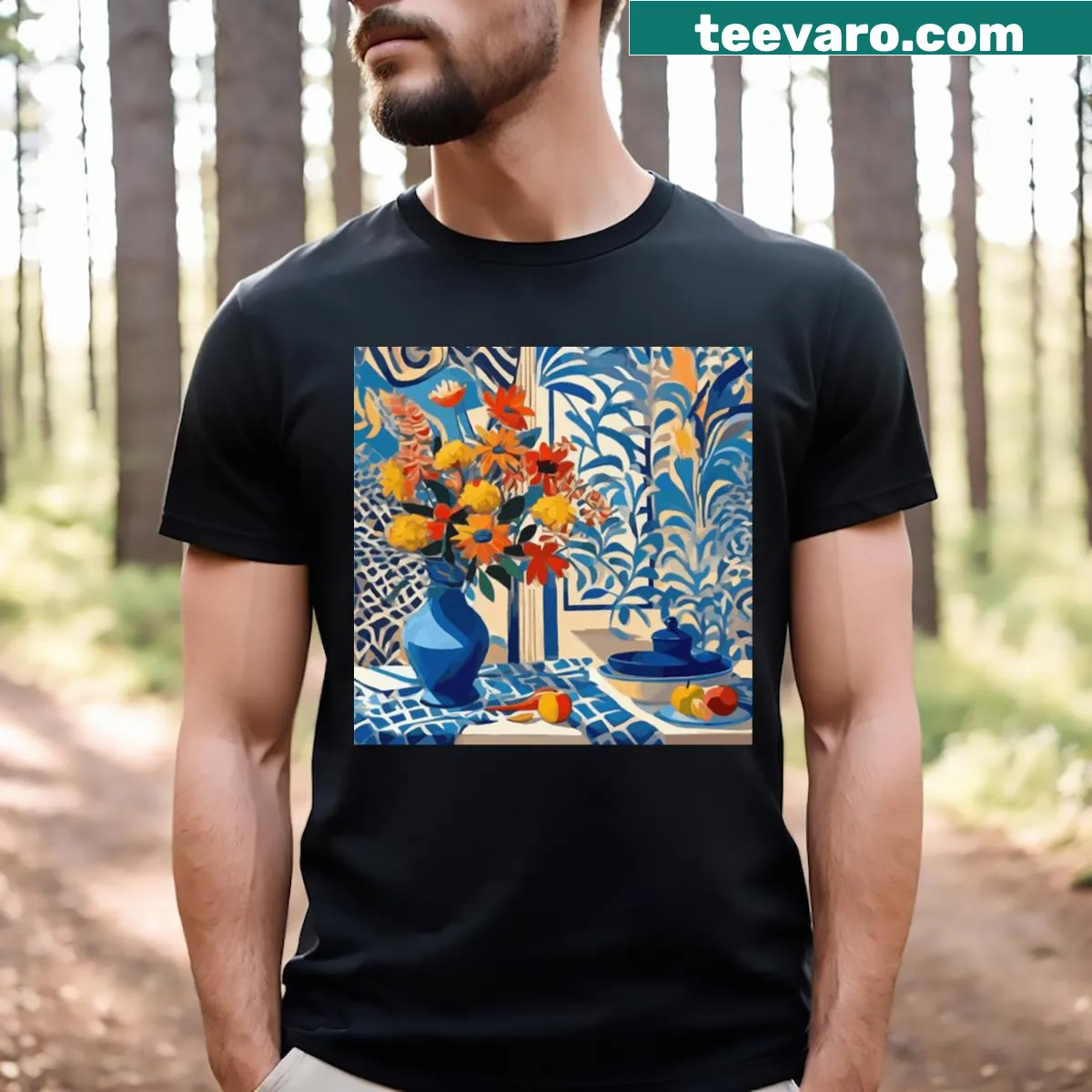 Digital painting of daisies in a blue vase on a T-shirt — on a men's t-shirt
