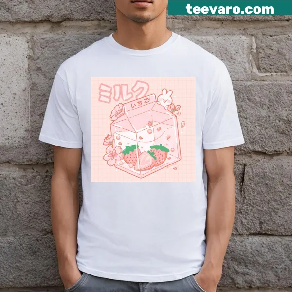 Kawaii t-shirt featuring a cute bunny with strawberry milk