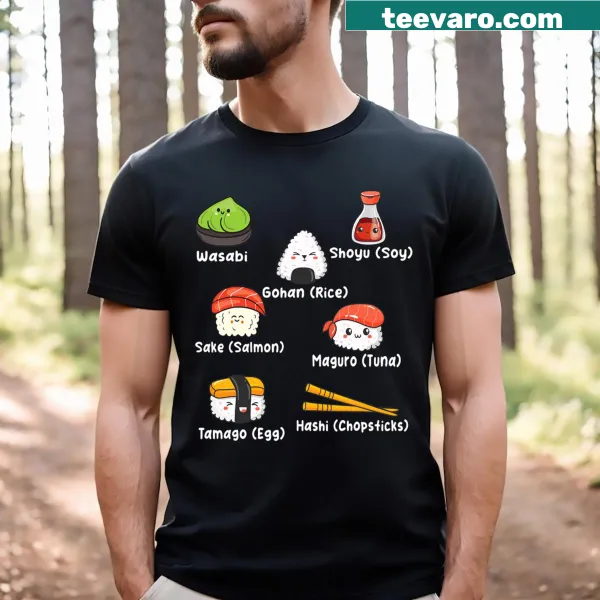 Kawaii t-shirt featuring a sushi set design