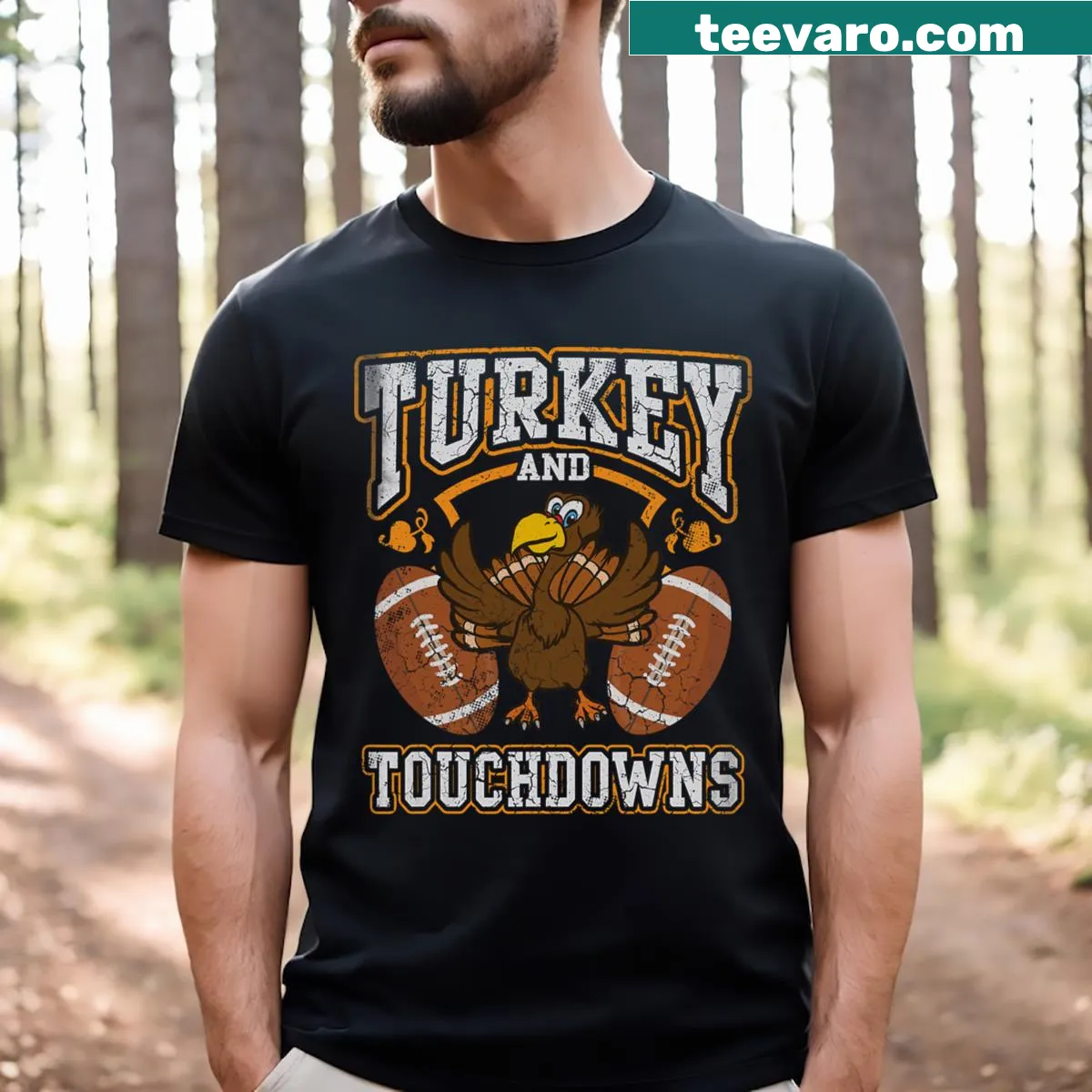 Whimsical turkey wearing a helmet with football elements for Thanksgiving — on a men's t-shirt