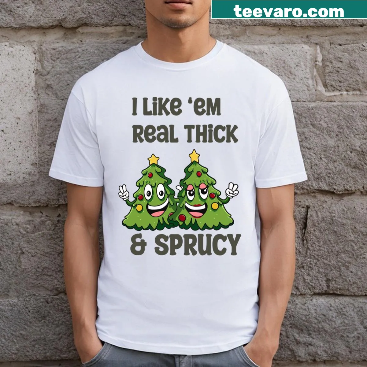 Nature-themed t-shirt with a playful Thick And Sprucy design — on a men's t-shirt