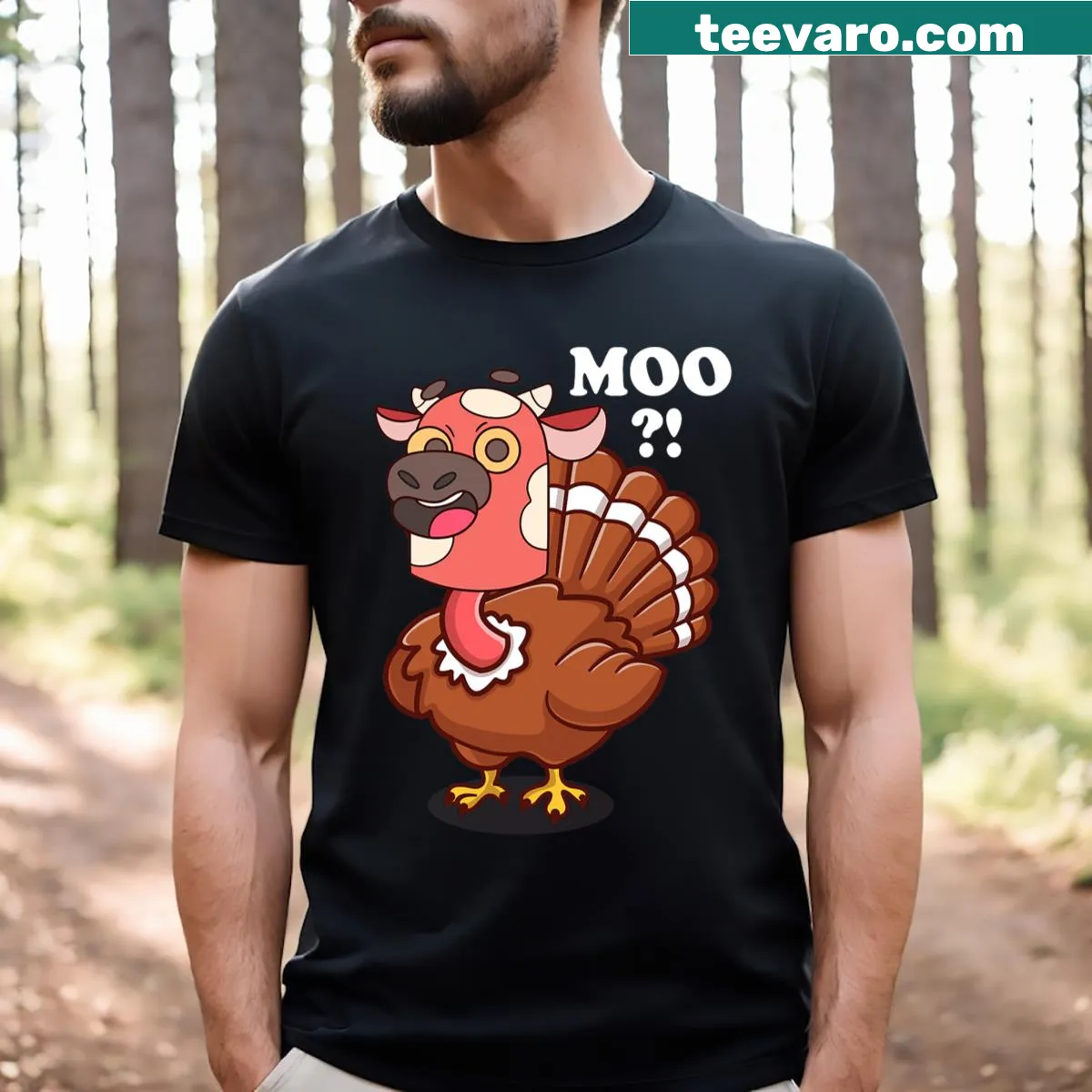 Funny Turkey Moo Thanksgiving T-shirt with humorous graphic — on a men's t-shirt