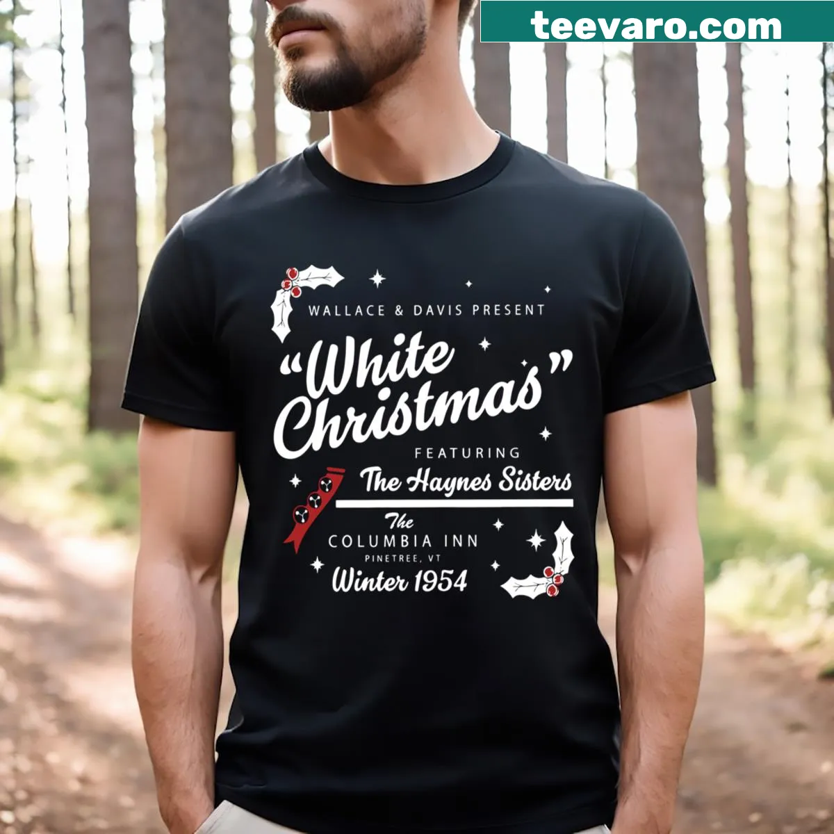 T-shirt celebrating the White Christmas movie with Haynes Sisters illustration — on a men's t-shirt