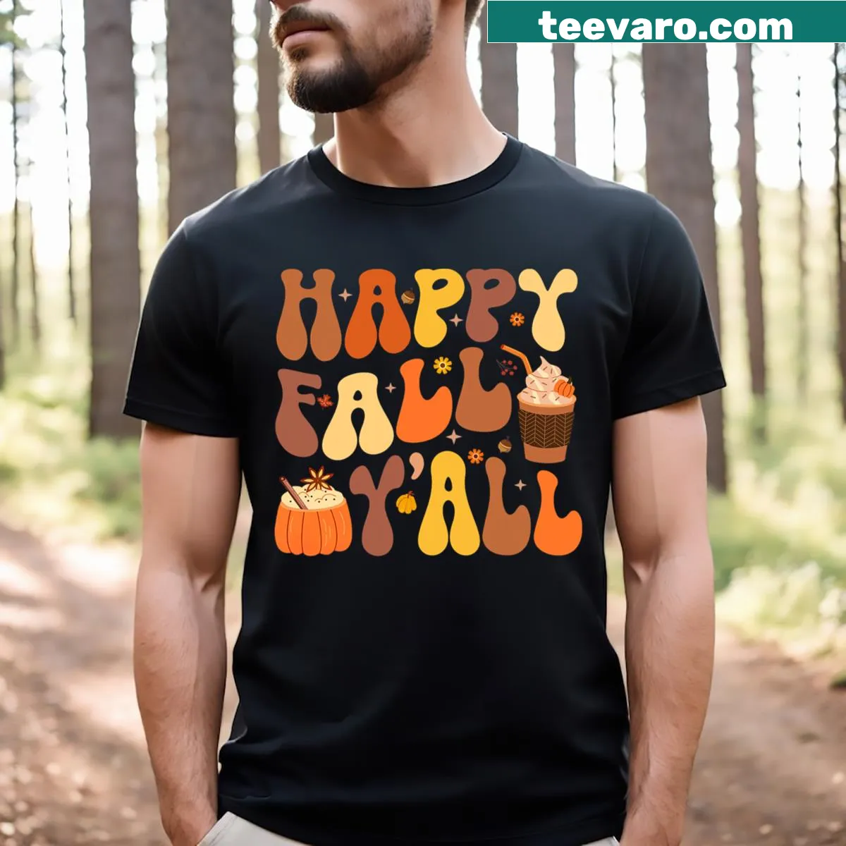 Typography T-shirt with Happy Fall Y'all for autumn — on a men's t-shirt