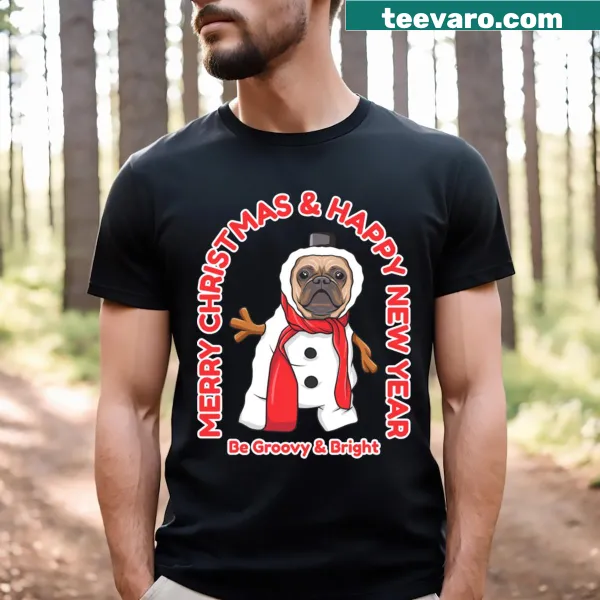 Cute cartoon bulldog in a snowman costume on T-shirt.
