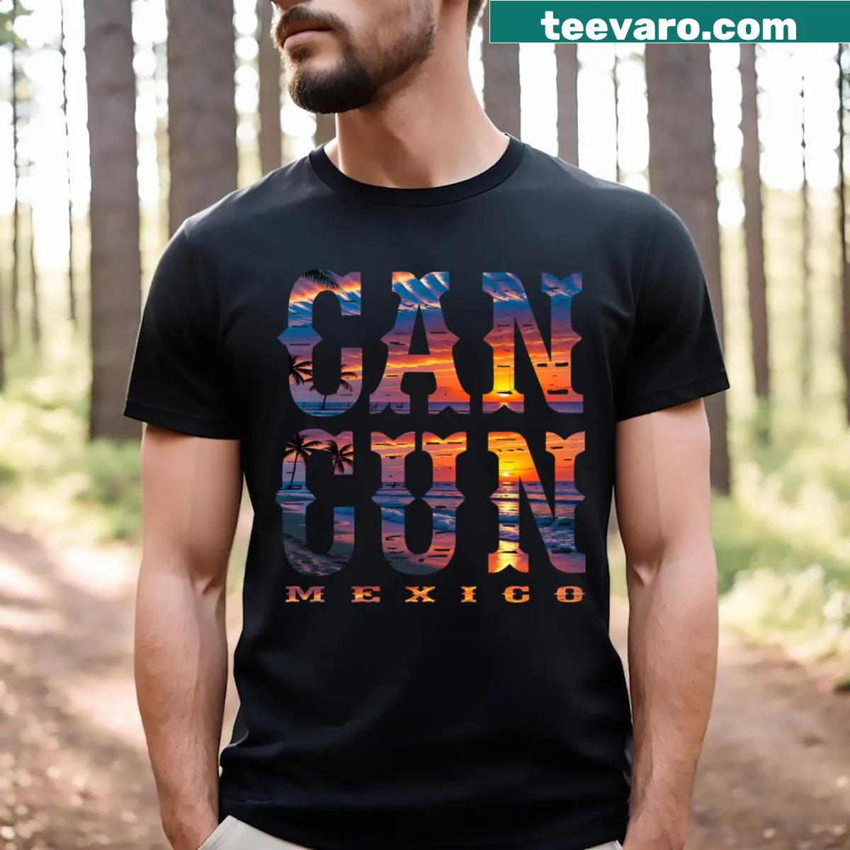 Illustration celebrating Cancun Mexico with palm trees and beach elements — on a men's t-shirt