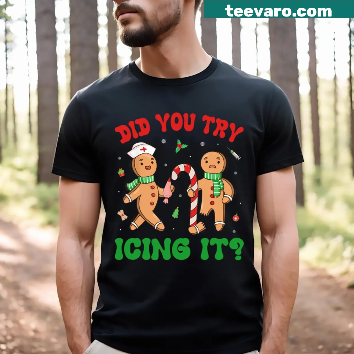 Christmas Gingerbread Nurse Squad t-shirt with cartoon gingerbread nurses — on a men's t-shirt