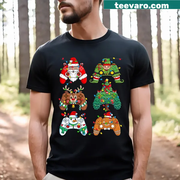 Christmas t-shirt with Santa, elf, lights, and gaming controllers