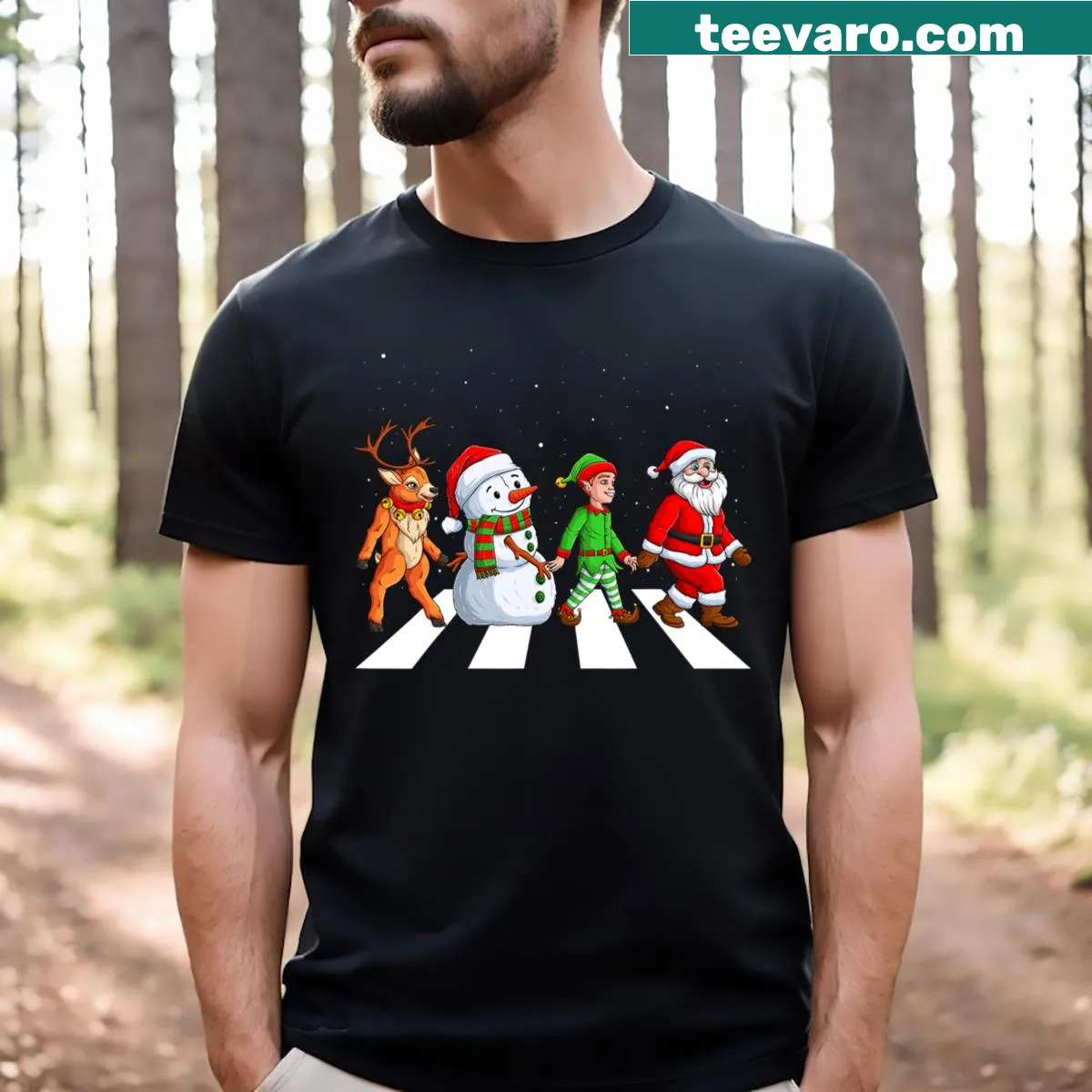 Funny Christmas t-shirt with Santa, elf, snowman, and reindeer — on a men's t-shirt