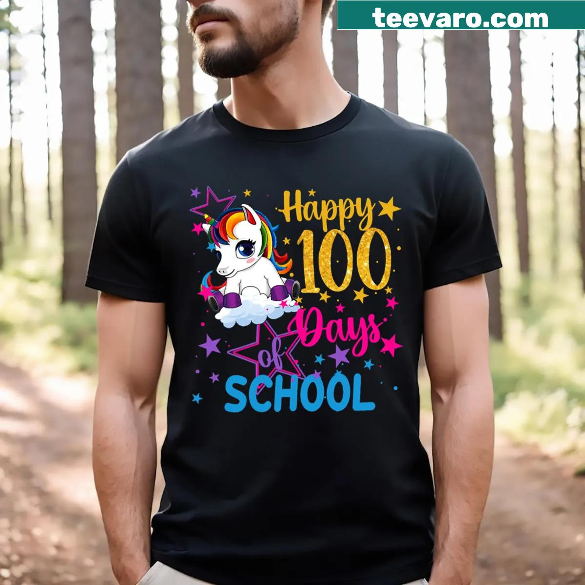 Illustration of a unicorn in a graduation cap for 100 Days of School. — on a men's t-shirt