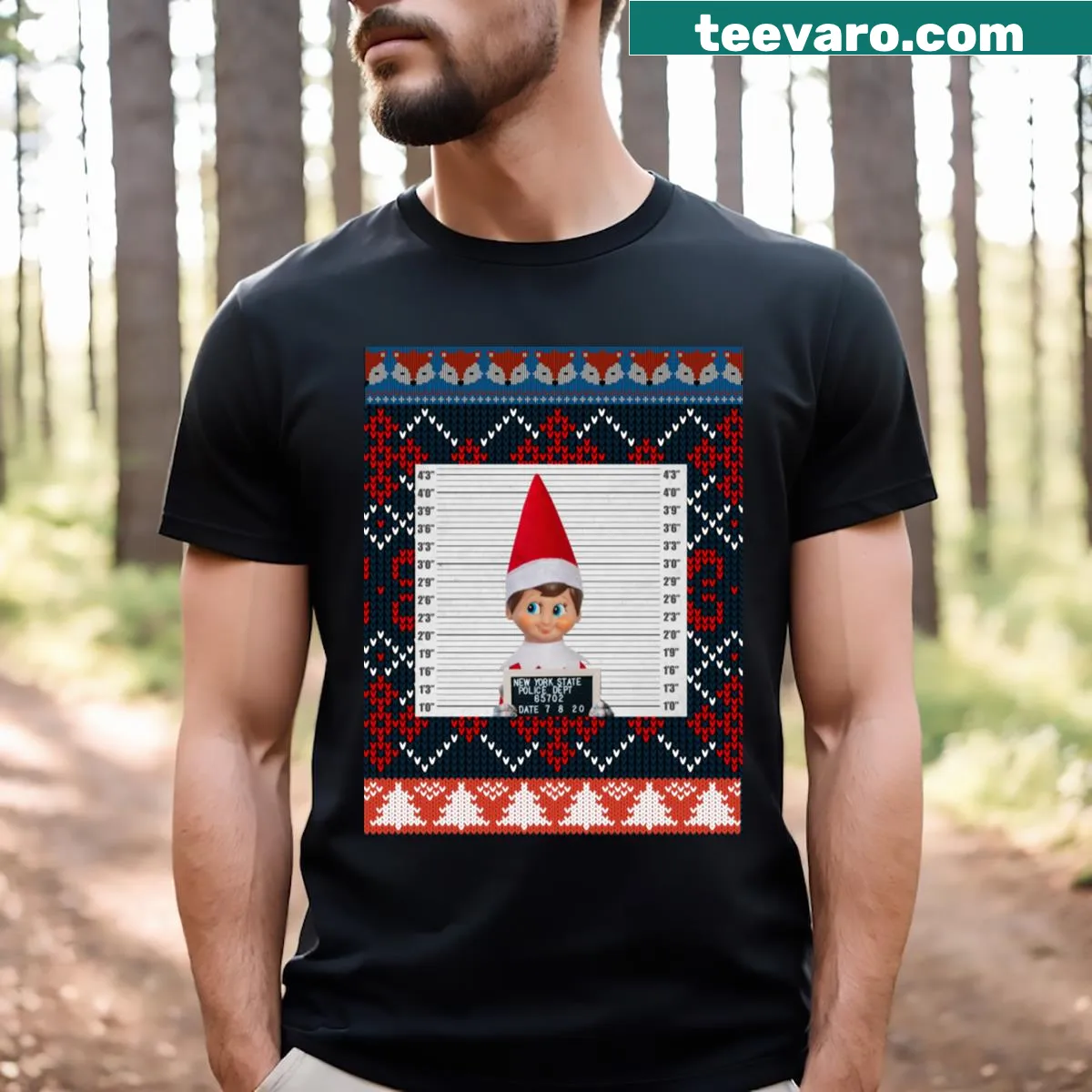 Vintage-style Christmas tee with an elf mug shot design. — on a men's t-shirt