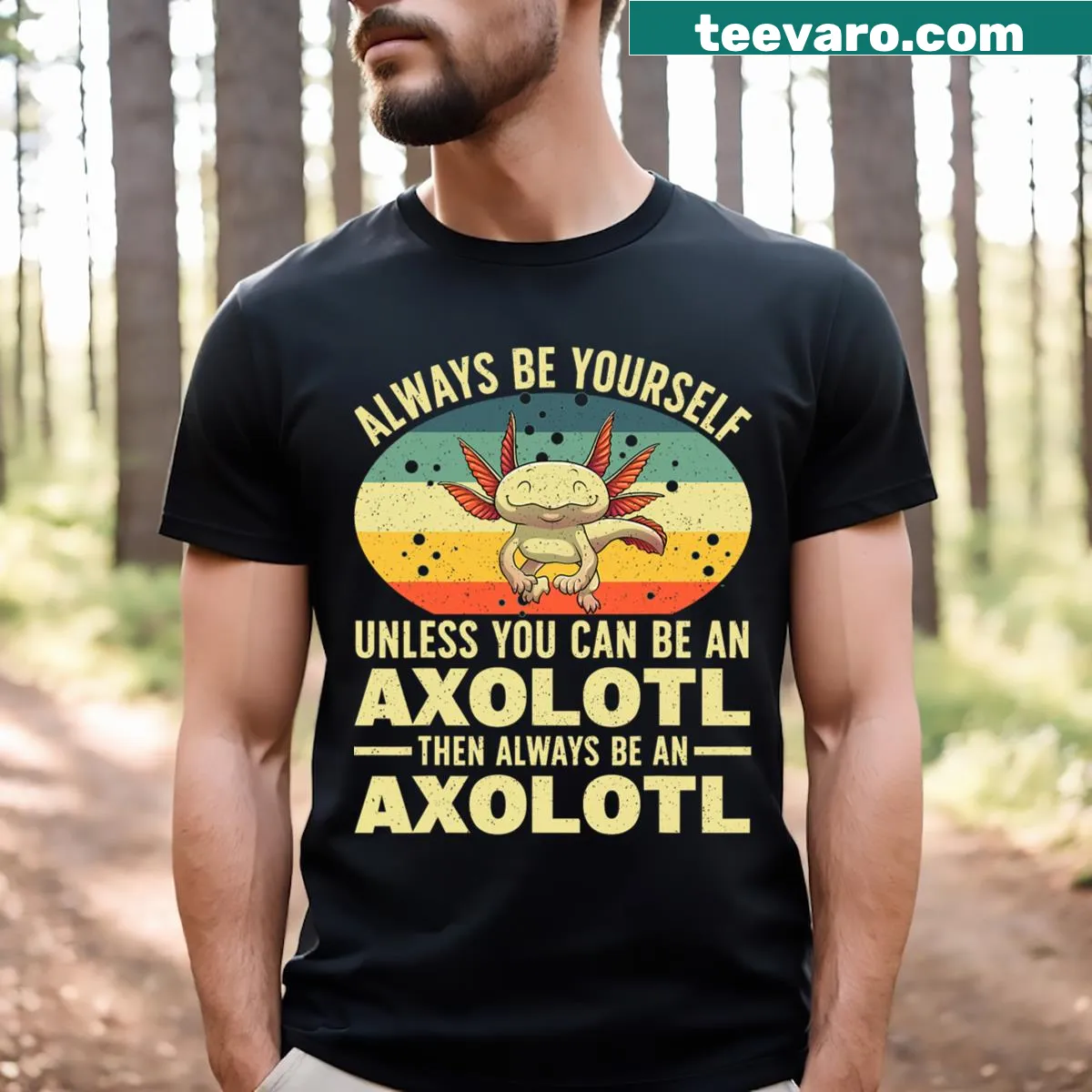Illustrated axolotl graphic on a fun T-shirt for kids and men — on a men's t-shirt