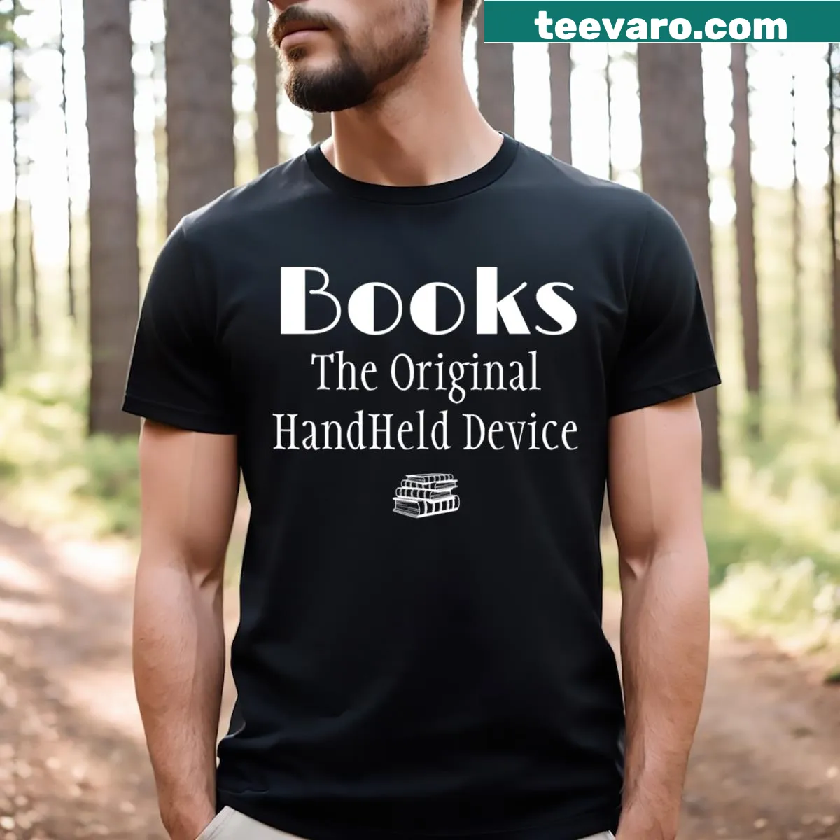 Humorous t-shirt with the saying 'Books: The Original Handheld Device' — on a men's t-shirt