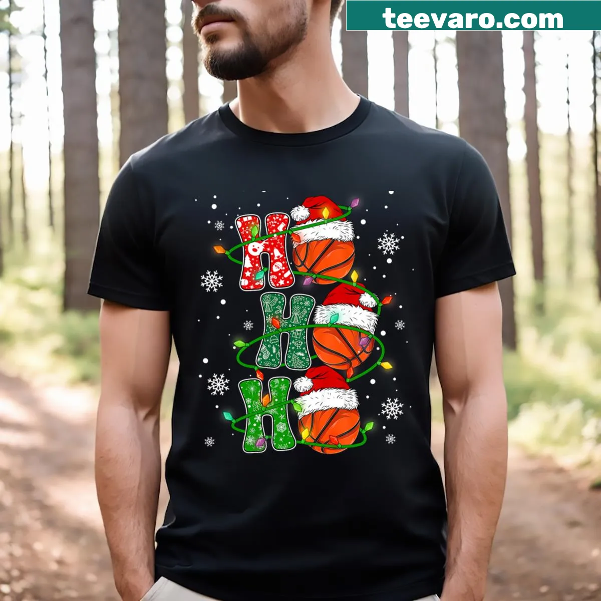 Christmas basketball player design with Santa elements and festive text. — on a men's t-shirt