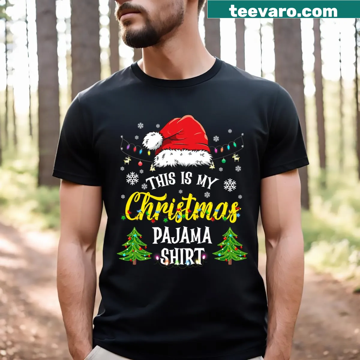 Funny holiday-themed pajama design ideal for family gatherings. — on a men's t-shirt