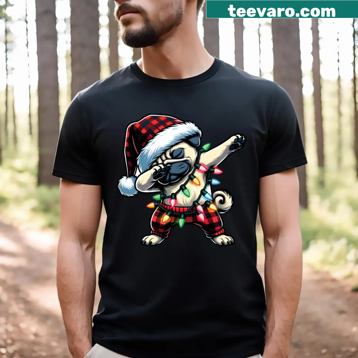 T-shirt with a cute pug Santa dabbing amid Christmas lights — on a men's t-shirt