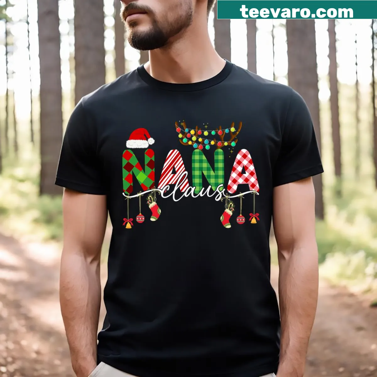 T-shirt with 'Nana Claus' text and a Santa hat illustration — on a men's t-shirt