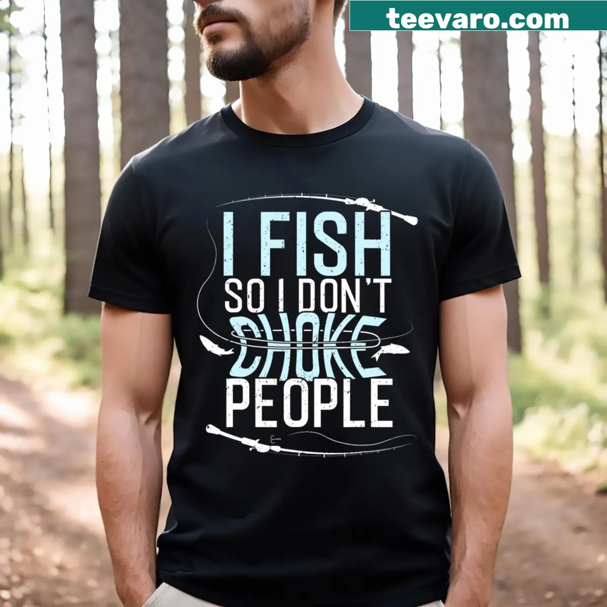 Funny fishing t-shirt with humorous text about fishing and stress relief — on a men's t-shirt
