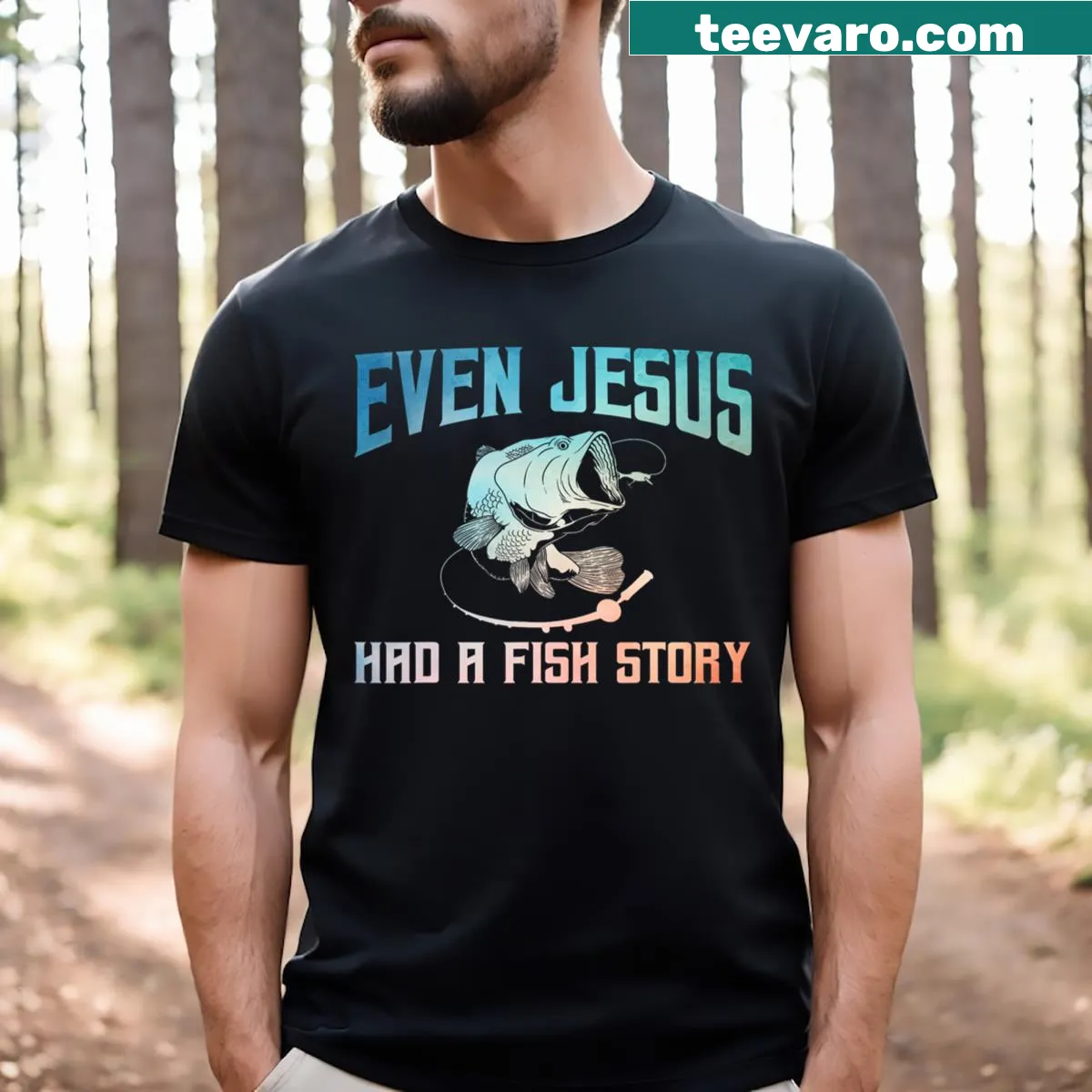 T-shirt featuring a humorous Jesus fish design celebrating fishing and faith. — on a men's t-shirt