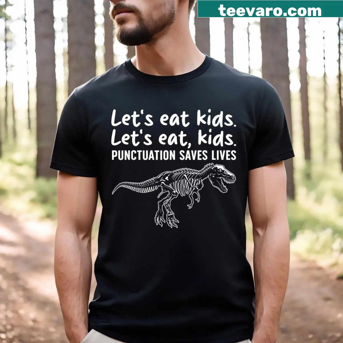 Humorous English teacher t-shirt about punctuation saving lives. — on a men's t-shirt