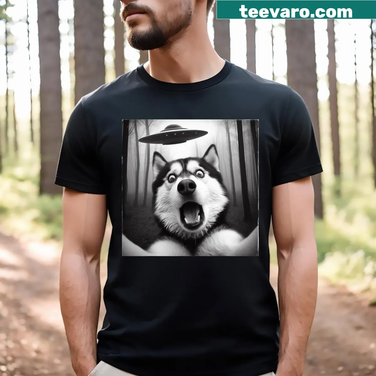 Humorous Siberian Husky graphic t-shirt featuring a UFO illustration — on a men's t-shirt
