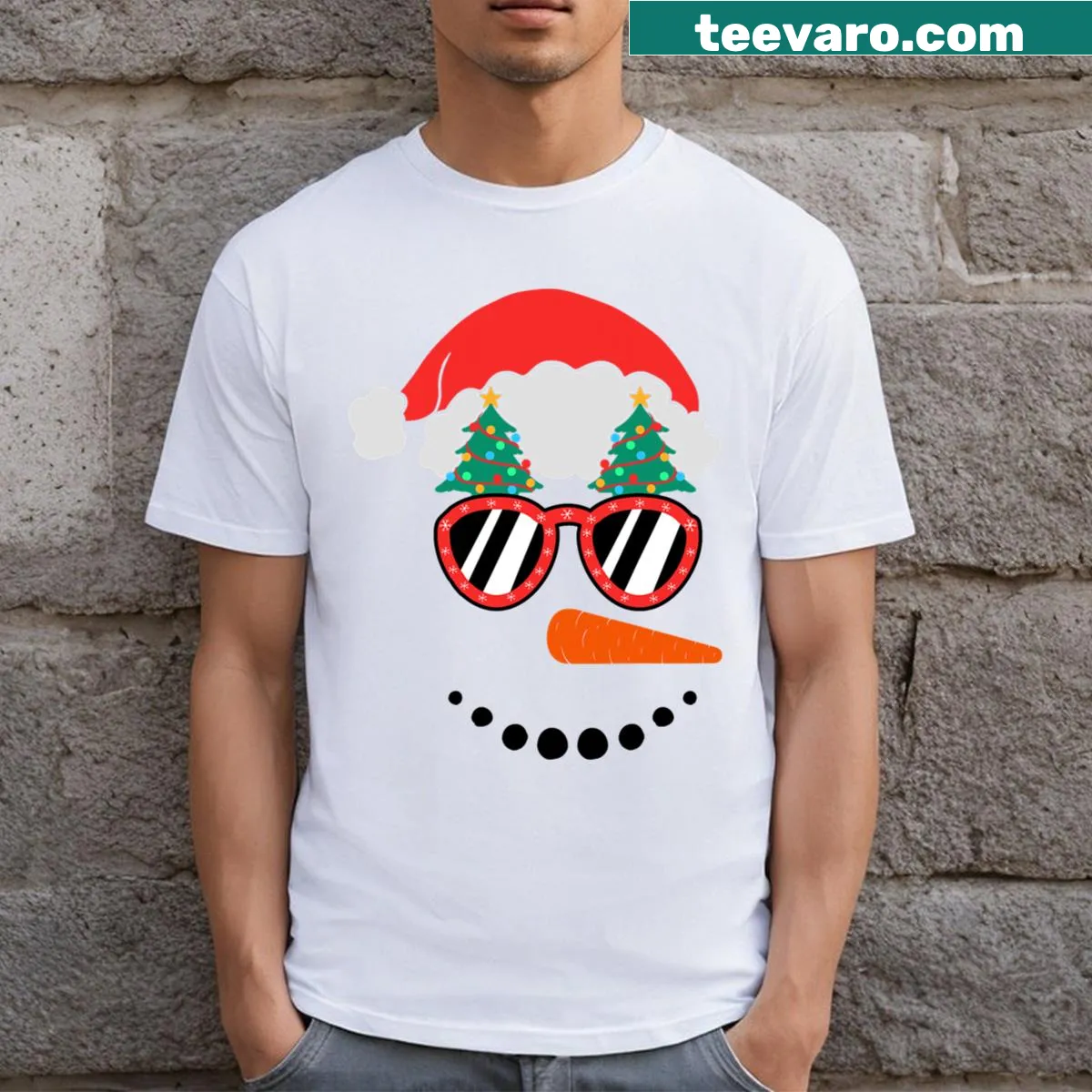 Playful snowman graphic t-shirt for men and kids celebrating Christmas — on a men's t-shirt