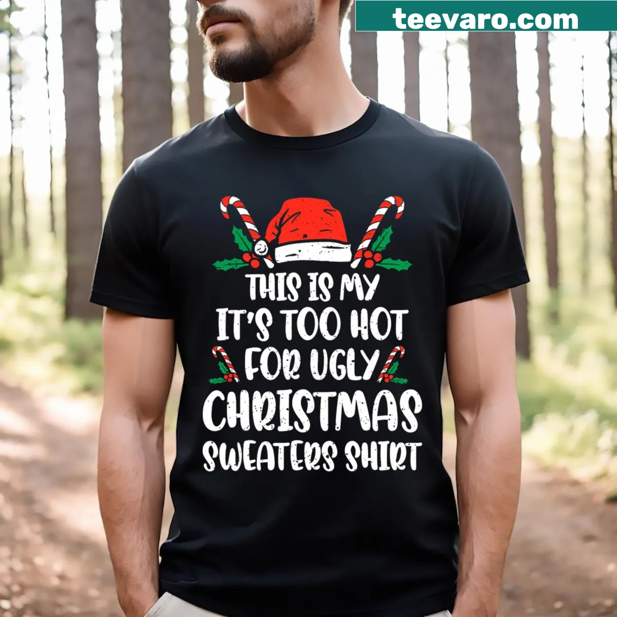 Funny Christmas T-shirt with text about warm weather — on a men's t-shirt